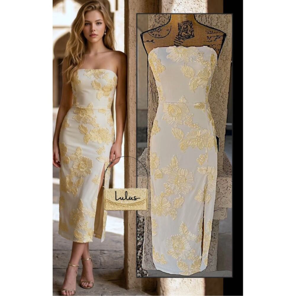 Lulus Kattalin Cream Floral Applique Stapless Midi Dress Size M